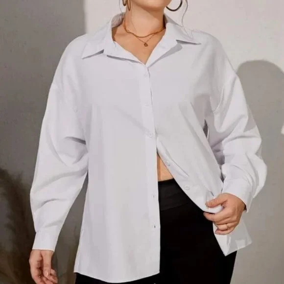 White Button up Boyfriend Collar Open split back shirt blouse - Picture 7 of 10